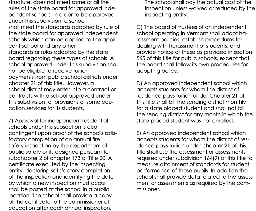 structure, does not meet some or all the rules of the state board for approved independent schools. In order to be ap...